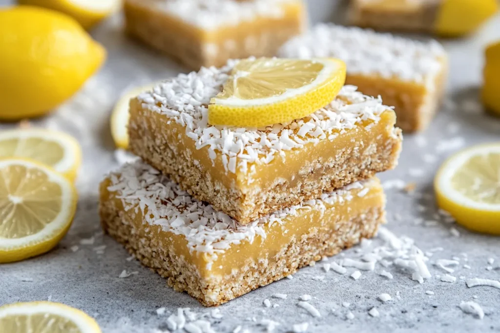 Finished lemon coconut energy bars sliced and ready to serve