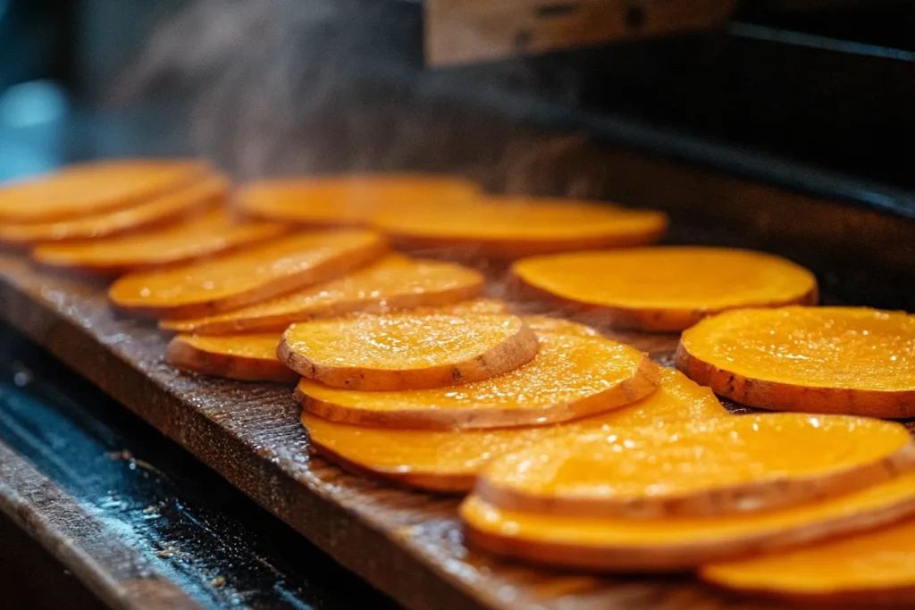 Slicing raw sweet potatoes on a cutting board	