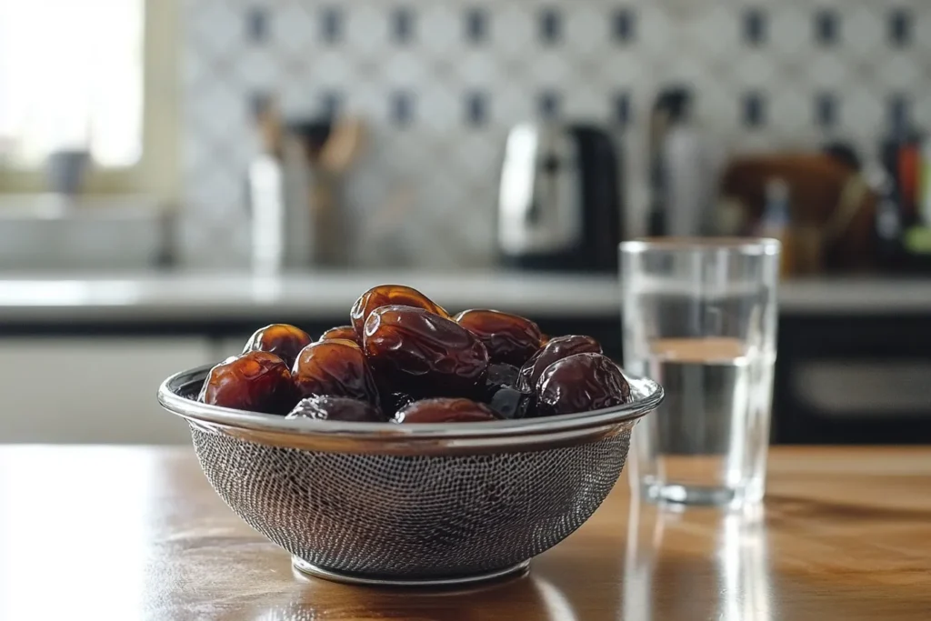 Pitted dates soaking in warm water to soften before blending	