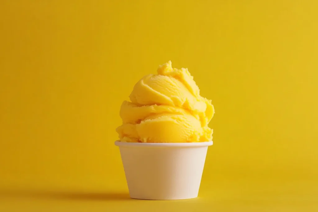 Nutrition facts displayed beside a bowl of mango coconut sorbet