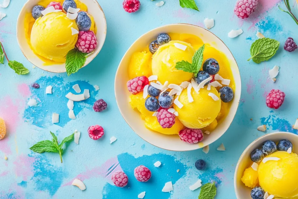 Served mango coconut sorbet with tropical garnishes