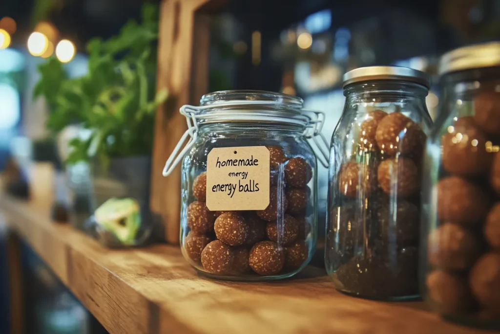 Homemade date and nut energy balls stored in a sealed glass jar	