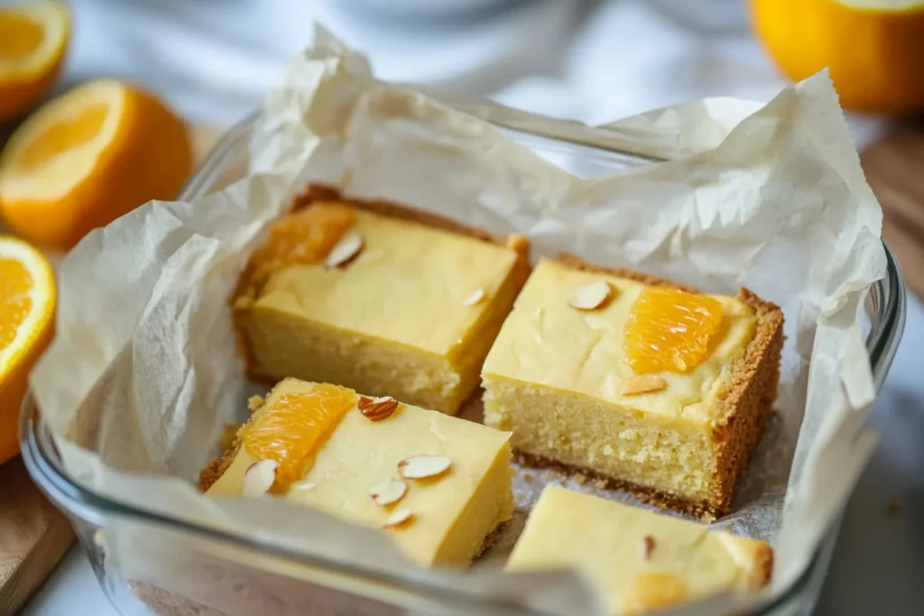 Flourless orange almond cake slices stored in the fridge	