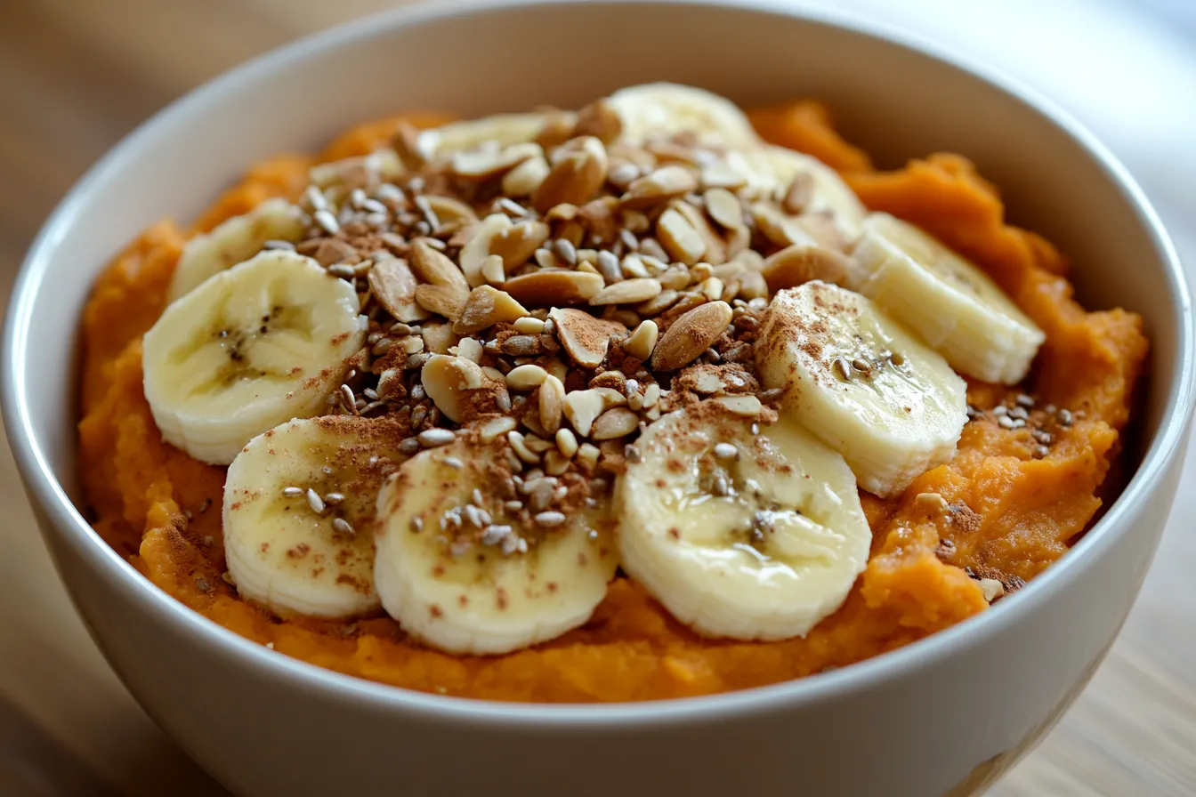 Sweet potato breakfast bowl with bananas, nut butter, and seeds