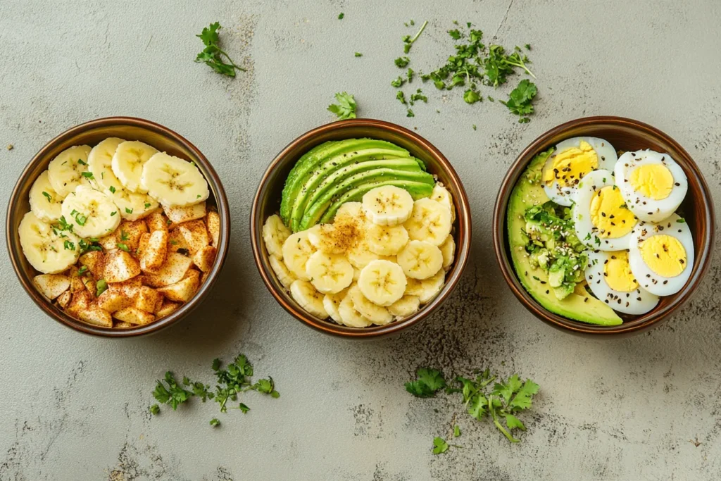 Three sweet potato breakfast bowl variations with different toppings