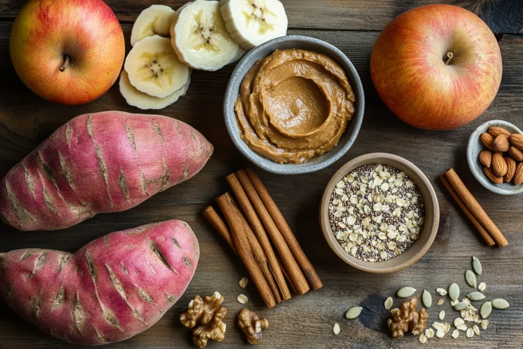 Ingredients for sweet potato breakfast bowl laid out flat