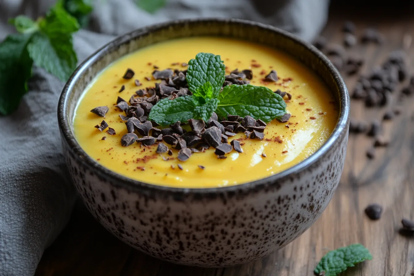 A bowl of sweet potato chocolate pudding topped with mint and cacao nibs
