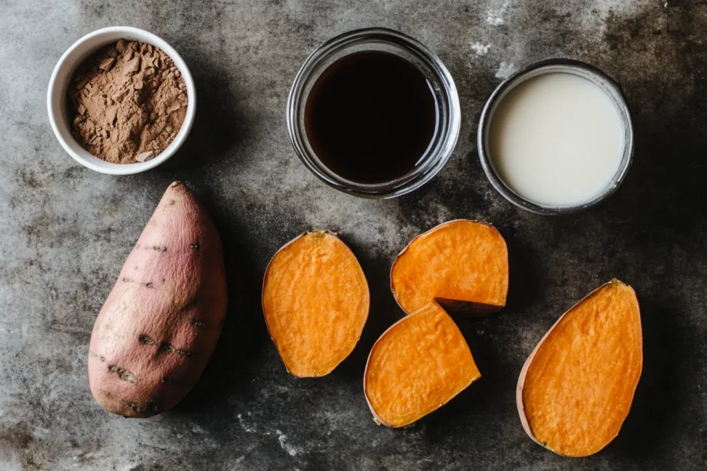 Flat lay of ingredients for sweet potato chocolate pudding