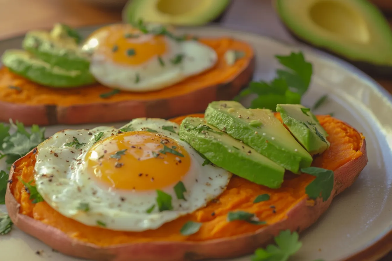 Sweet potato toast with avocado and eggs on a breakfast table