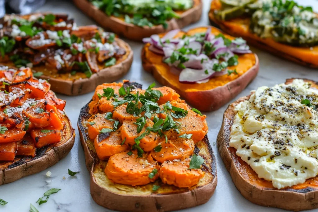 Assorted sweet and savory toppings on sweet potato toast	
