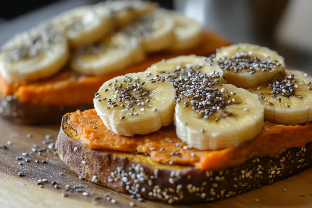 Sweet potato toast with banana, peanut butter, and seeds	