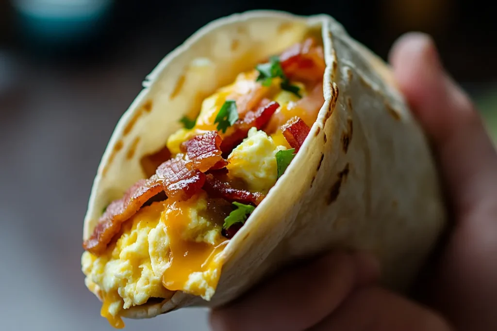 Hand holding a cheesy breakfast taco filled with eggs and bacon