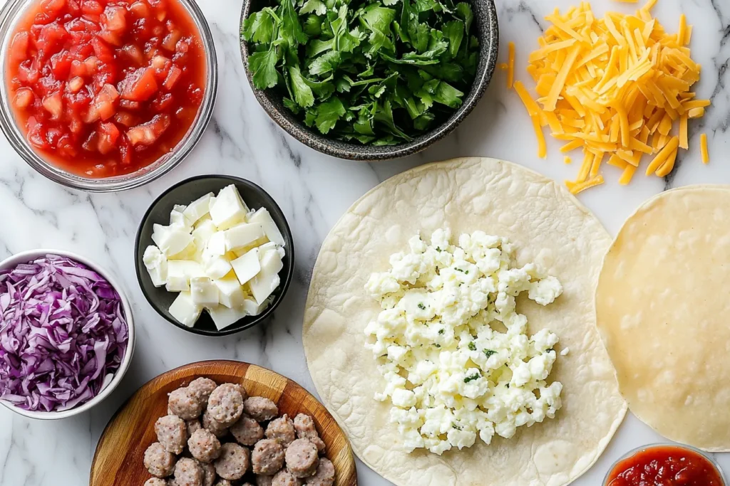 Ingredients for breakfast tacos arranged neatly on a kitchen counter
