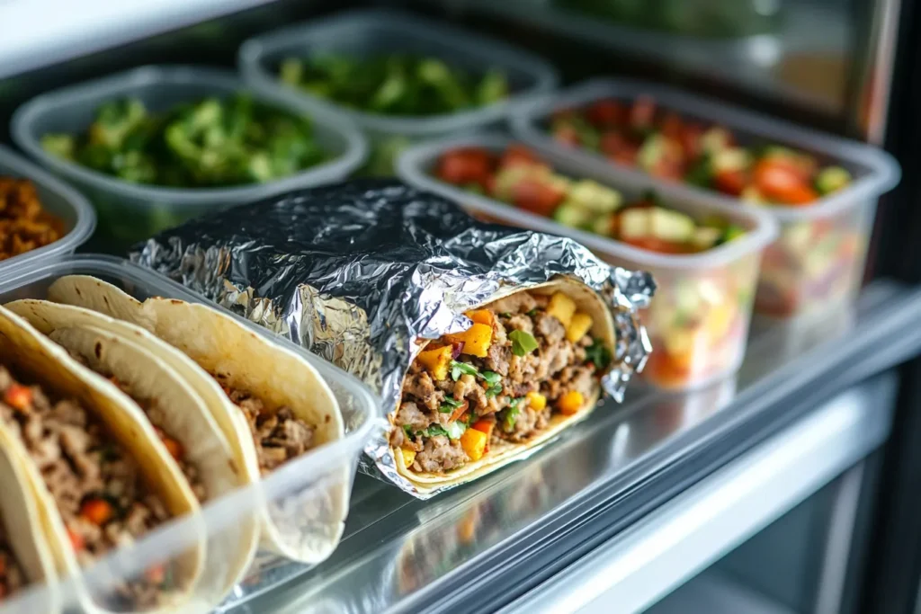 Meal-prepped breakfast tacos stored in the fridge in foil and containers