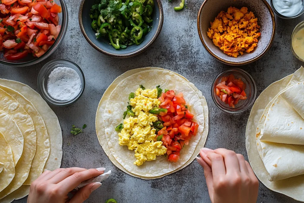 Visual guide showing how to make breakfast tacos step-by-step