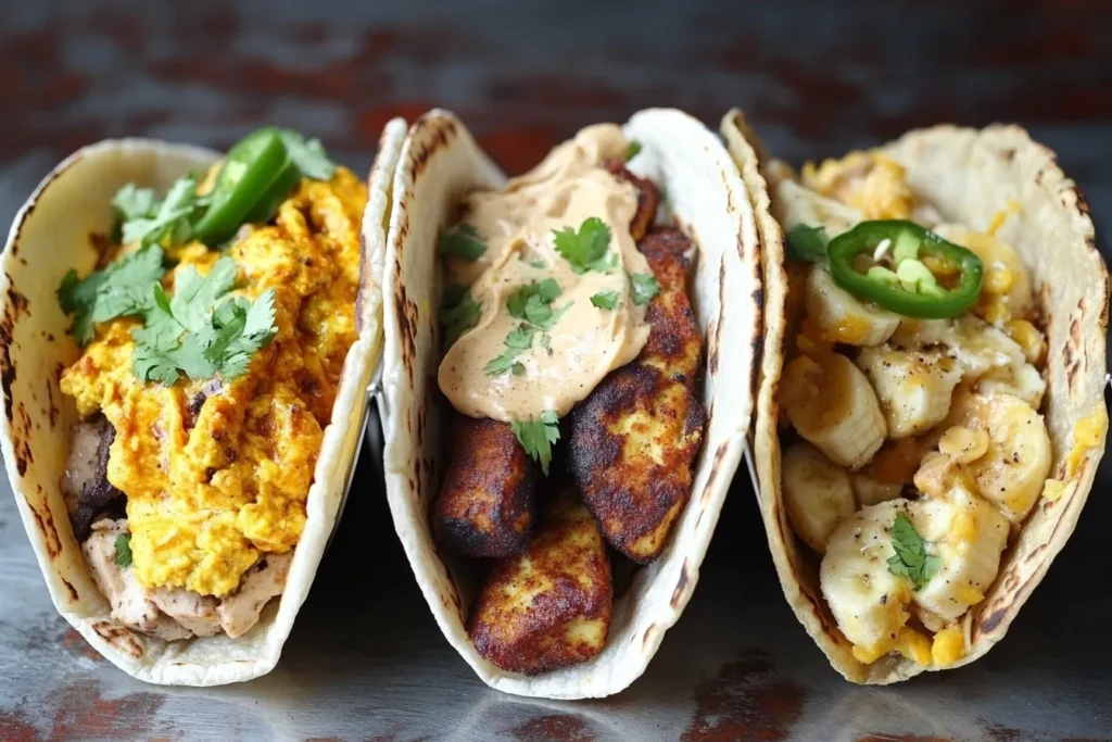 Variety of breakfast tacos: Tex-Mex, vegan, and sweet versions