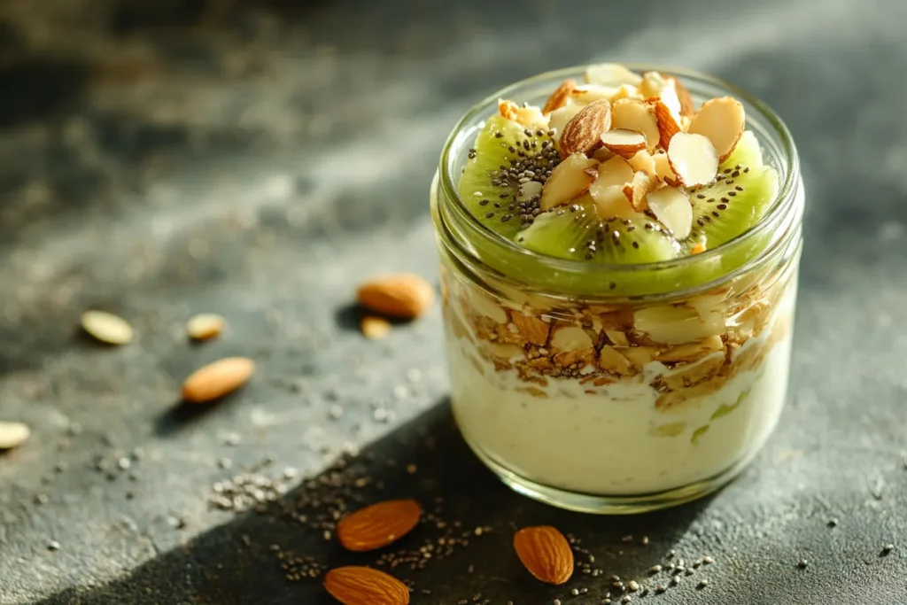 Dairy-free Greek yogurt parfait with tropical fruits and plant-based toppings
