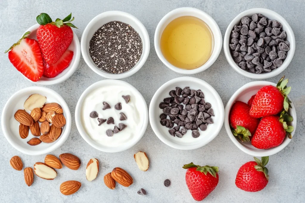 Ingredients for Greek yogurt honey bark: yogurt, honey, fruit, and toppings