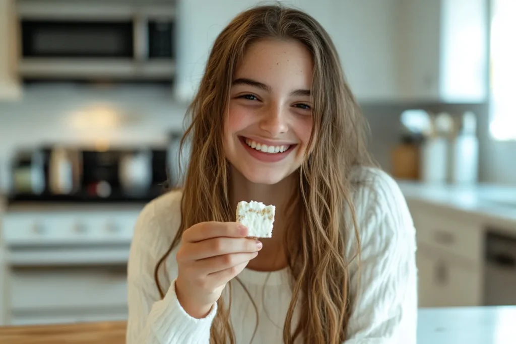 Teen enjoying Greek yogurt honey bark as a fun healthy snack