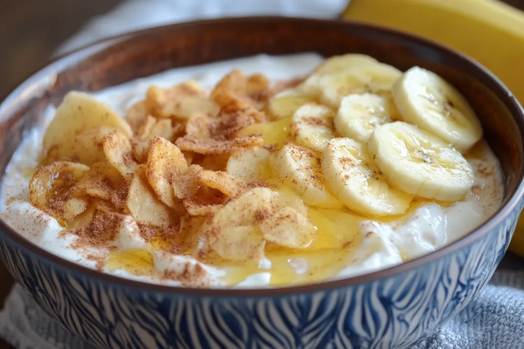 Breakfast bowl with yogurt and crushed cinnamon apple chips	