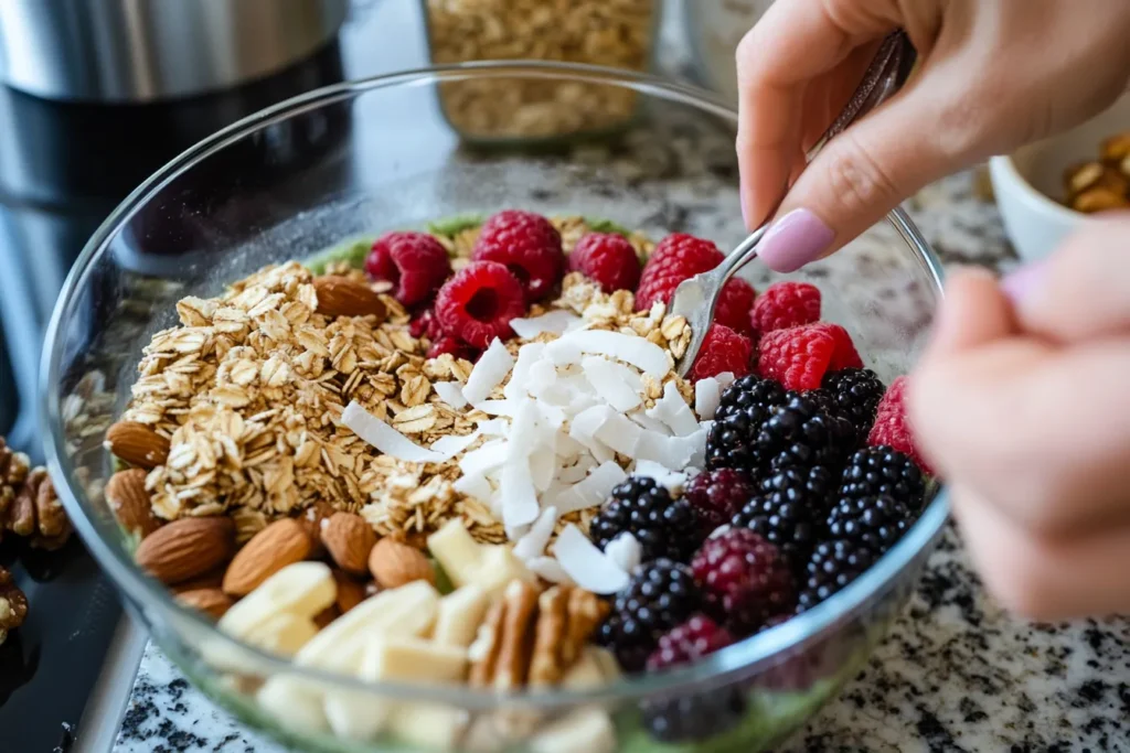 Adding toppings to smoothie bowl