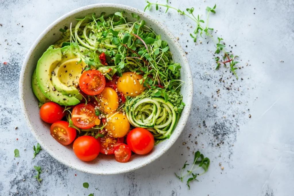 Zoodles mixed with creamy avocado pesto and fresh toppings