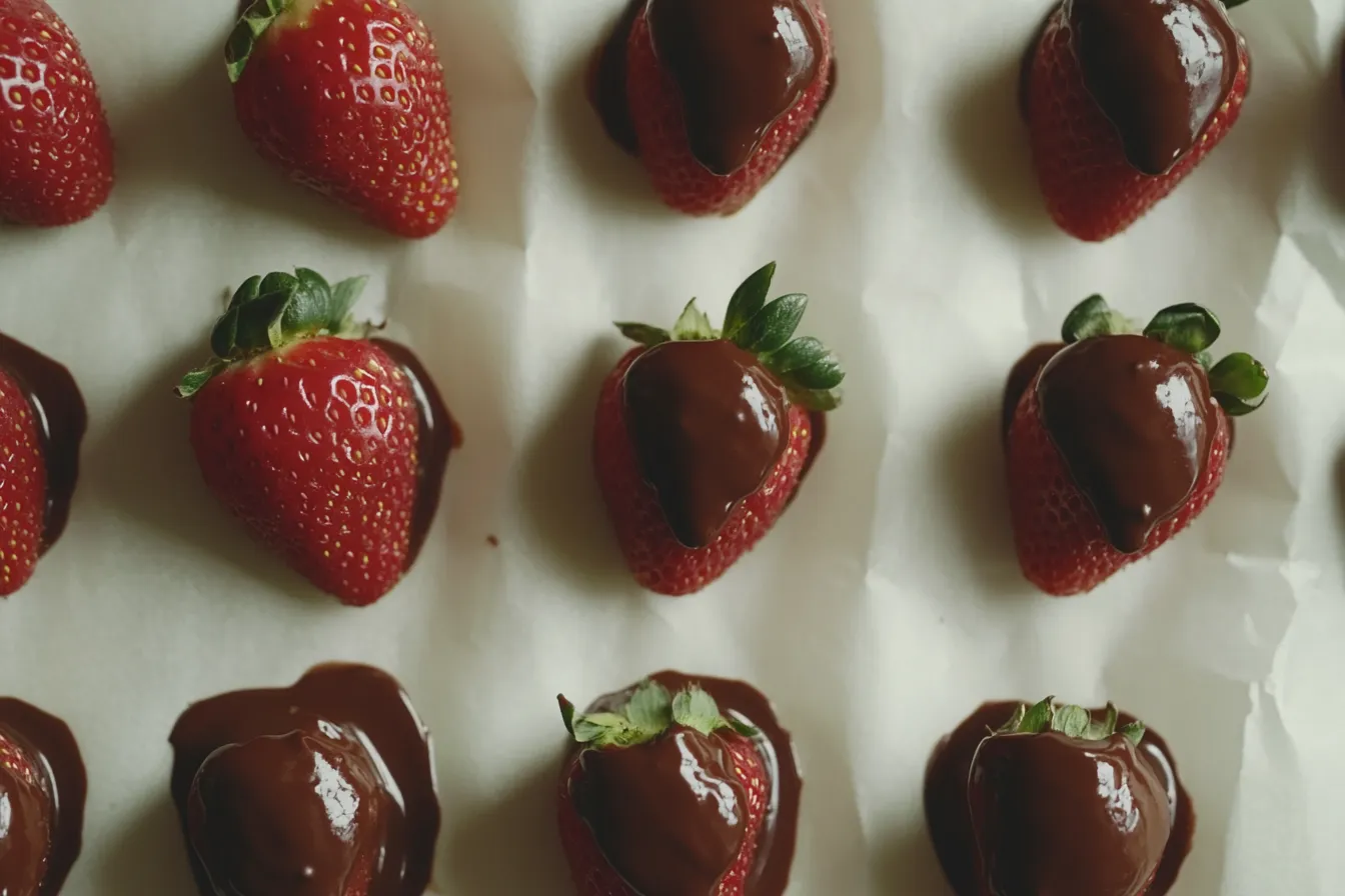 Fresh strawberries dipped in melted chocolate on a tray
