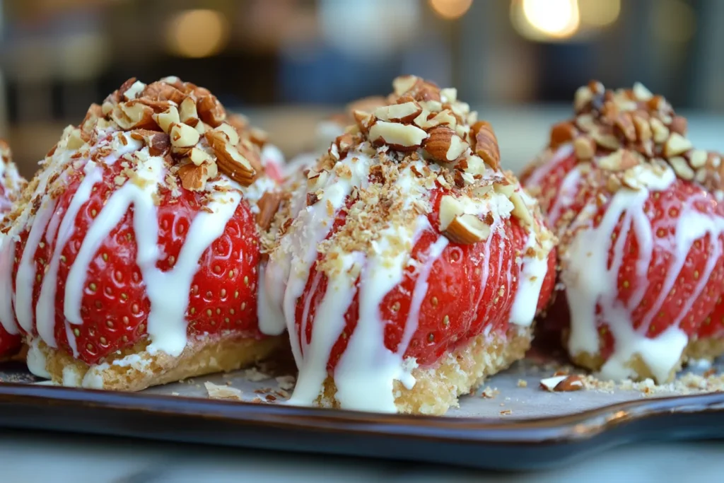 Chocolate strawberries decorated with nuts, sprinkles, and white chocolate
