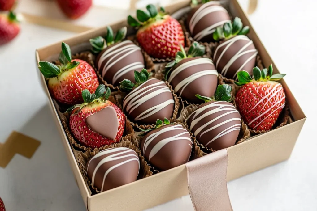 Chocolate-covered strawberries packaged in a DIY gift box with ribbon