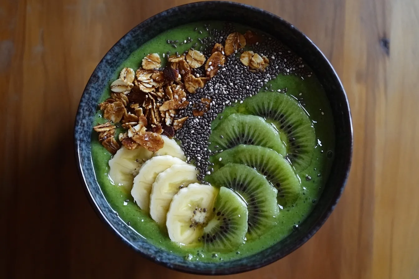 Green smoothie bowl topped with banana, kiwi, chia seeds, and granola