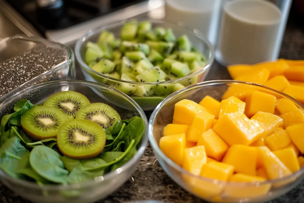 Green smoothie bowl ingredients displayed on counter
