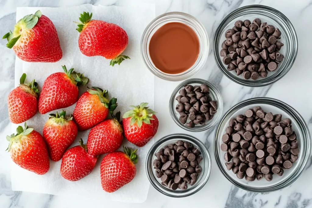 Top view of strawberries, chocolate, and toppings ready for dipping