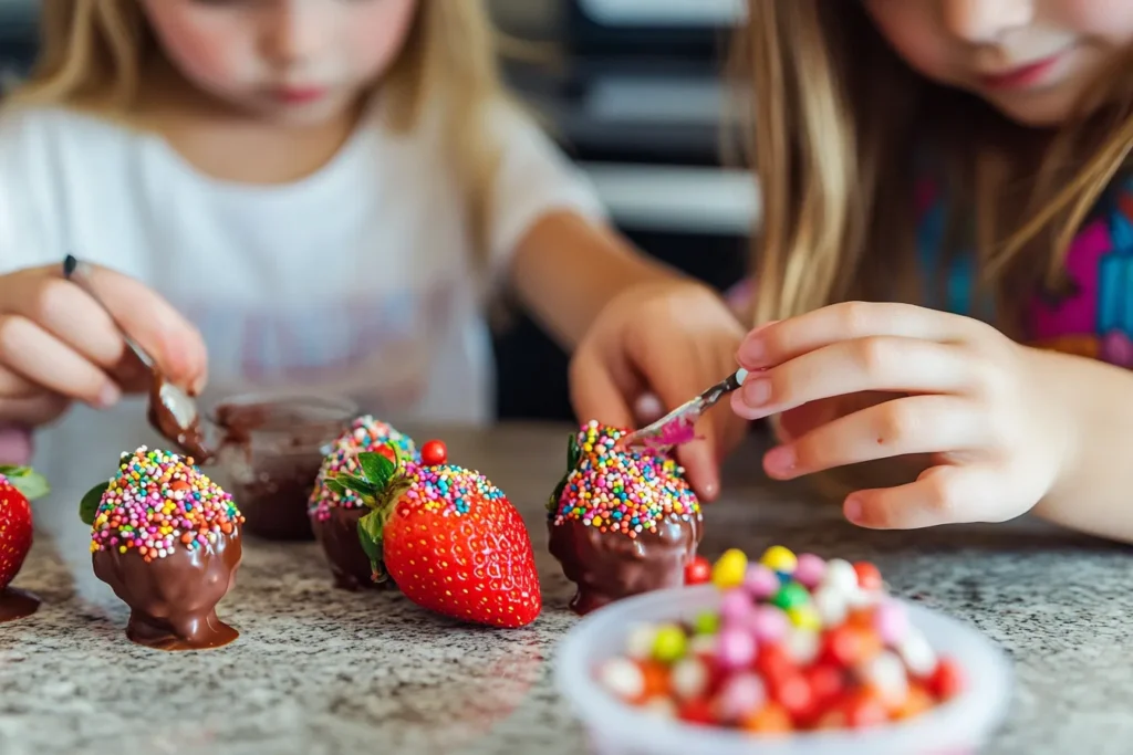 Children decorating chocolate-dipped strawberries with toppings