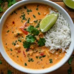 A bowl of creamy lentil coconut curry served with rice and lime wedges