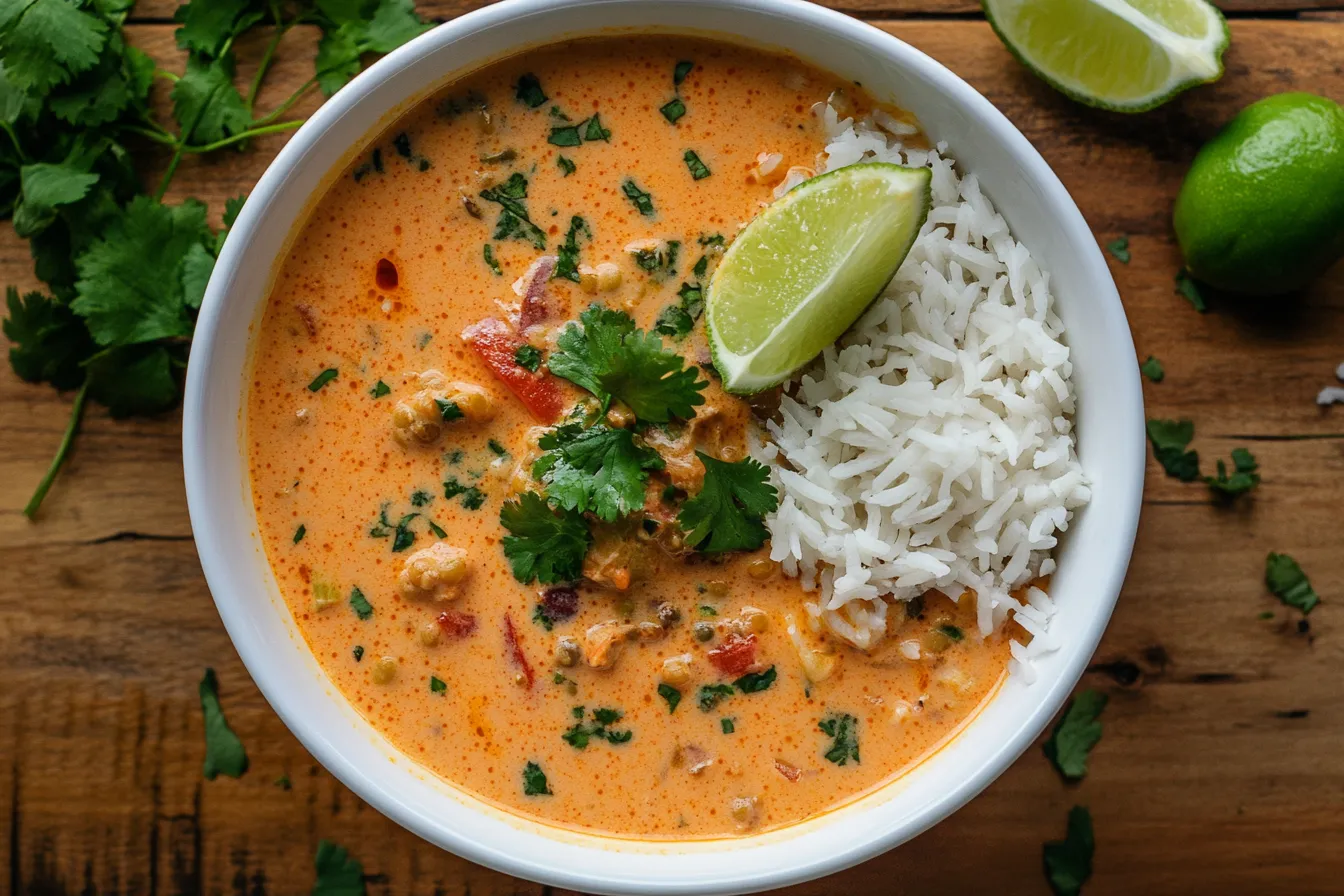 A bowl of creamy lentil coconut curry served with rice and lime wedges