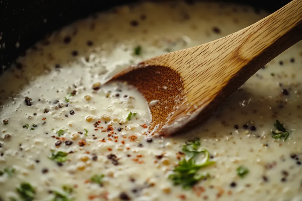 Red lentils simmering with coconut milk and curry spices in a pan