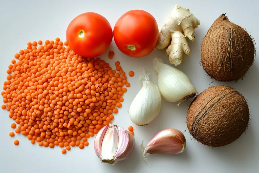 Raw ingredients laid out for cooking lentil coconut curry