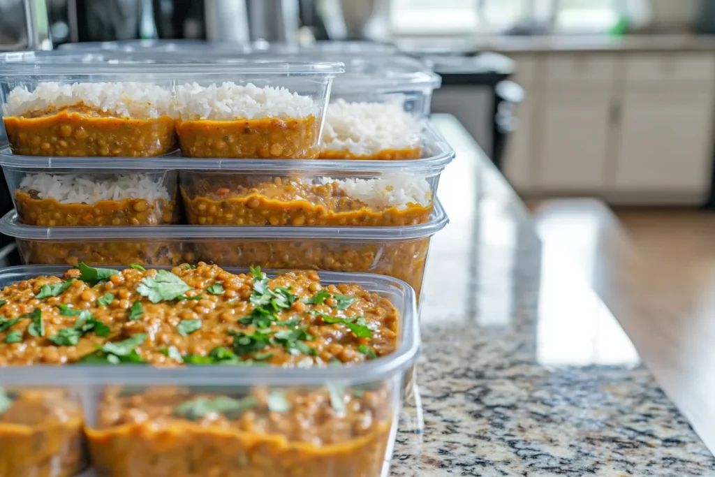 Meal prep containers with lentil coconut curry and rice for the week