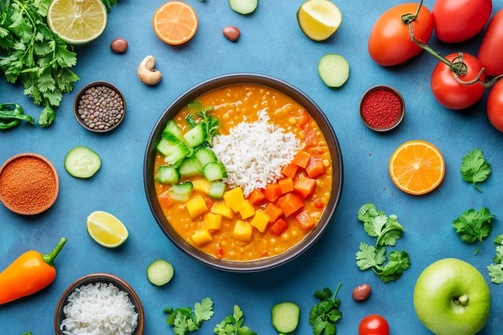 Visual nutrition breakdown of lentil coconut curry with icons and macros