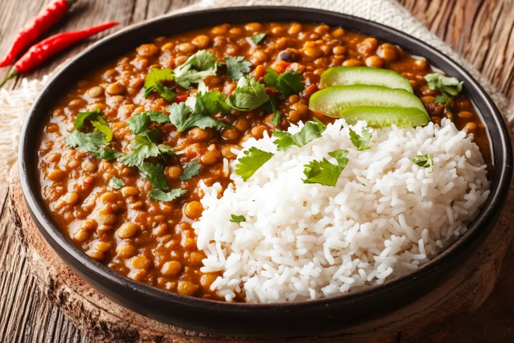 Lentil coconut curry served on a plate with basmati rice and fresh herbs