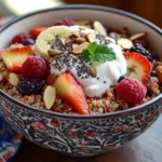Overhead view of a colorful and balanced quinoa breakfast bowl
