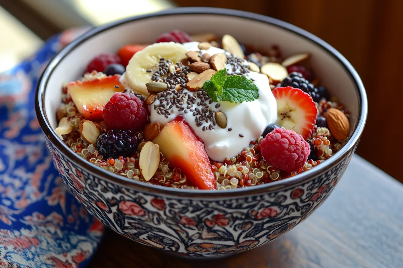 Overhead view of a colorful and balanced quinoa breakfast bowl