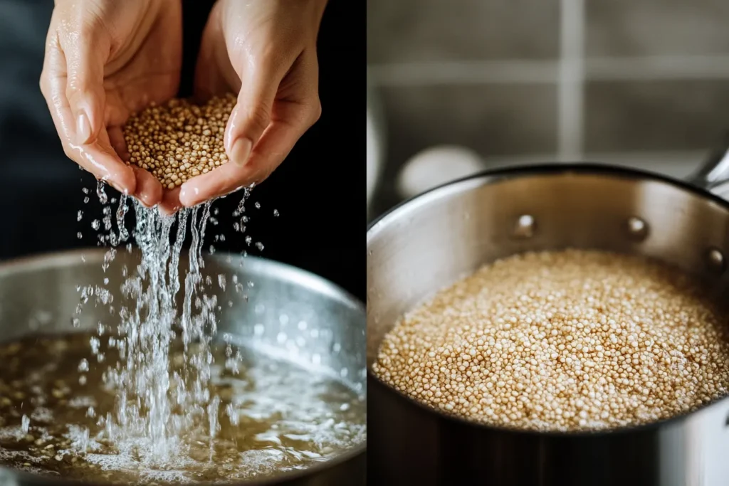 Step-by-step cooking of quinoa (rinsing and simmering)	