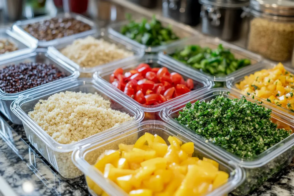 Prepped quinoa bowls stored in containers for easy weekday breakfasts	