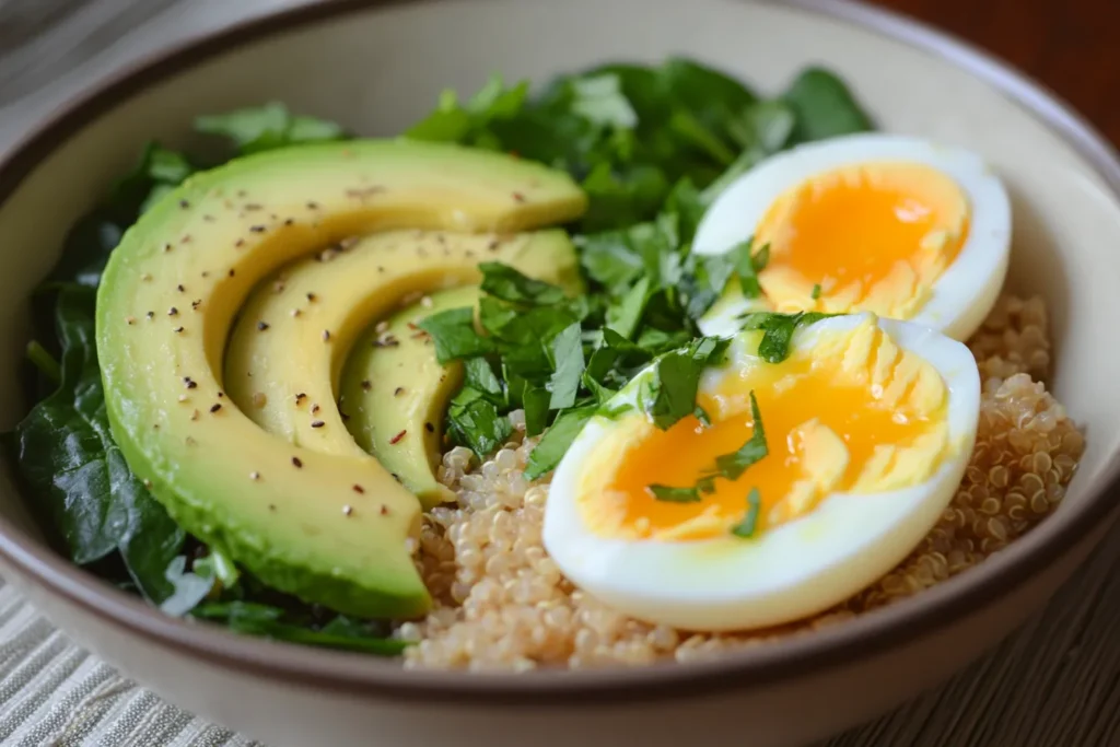 Savory quinoa breakfast bowl with egg and avocado	