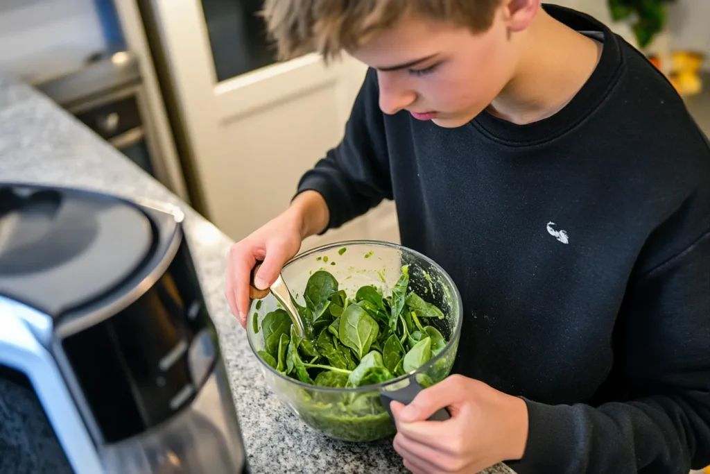 Teen blending green smoothie ingredients