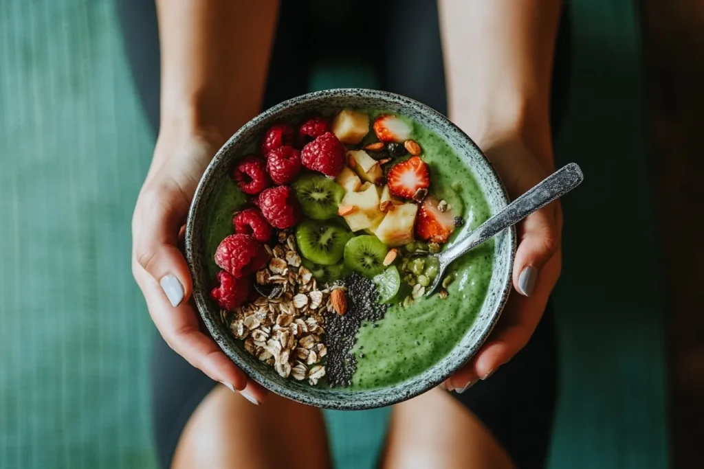 Smoothie bowl on yoga mat for post-workout snack