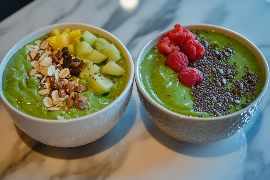Two green smoothie bowl styles: tropical and crunchy