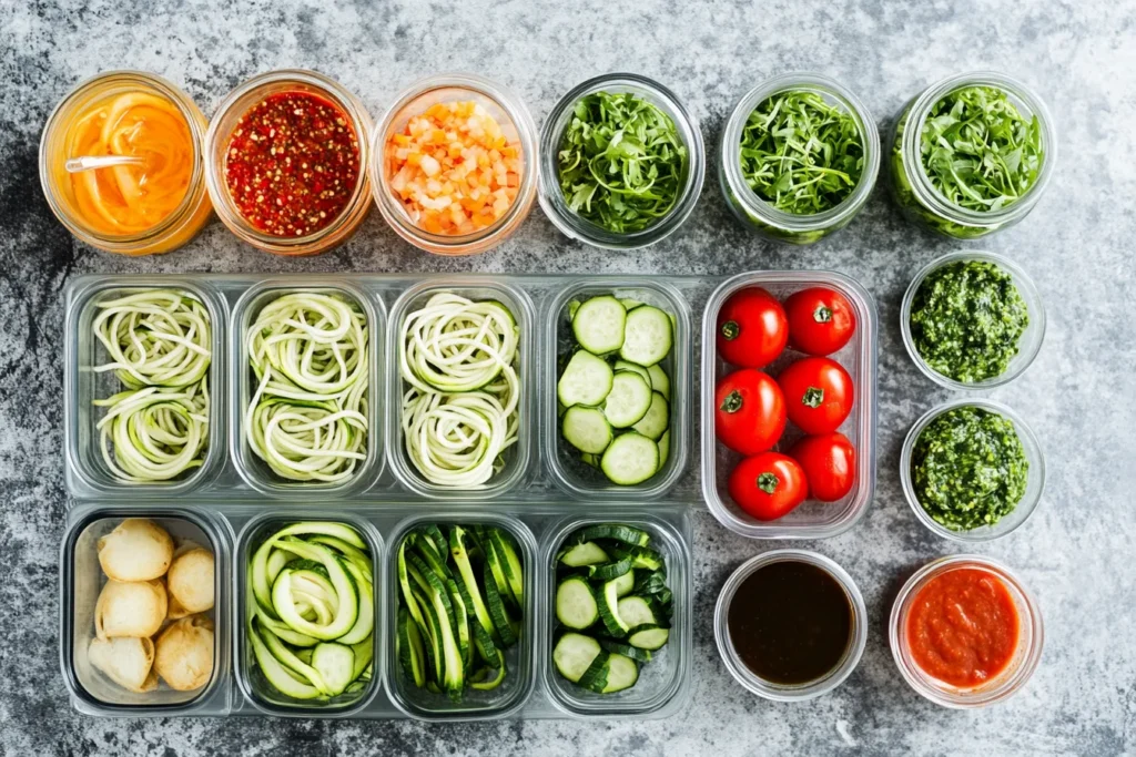 Meal prep setup with zoodles and pesto in separate containers for daily use