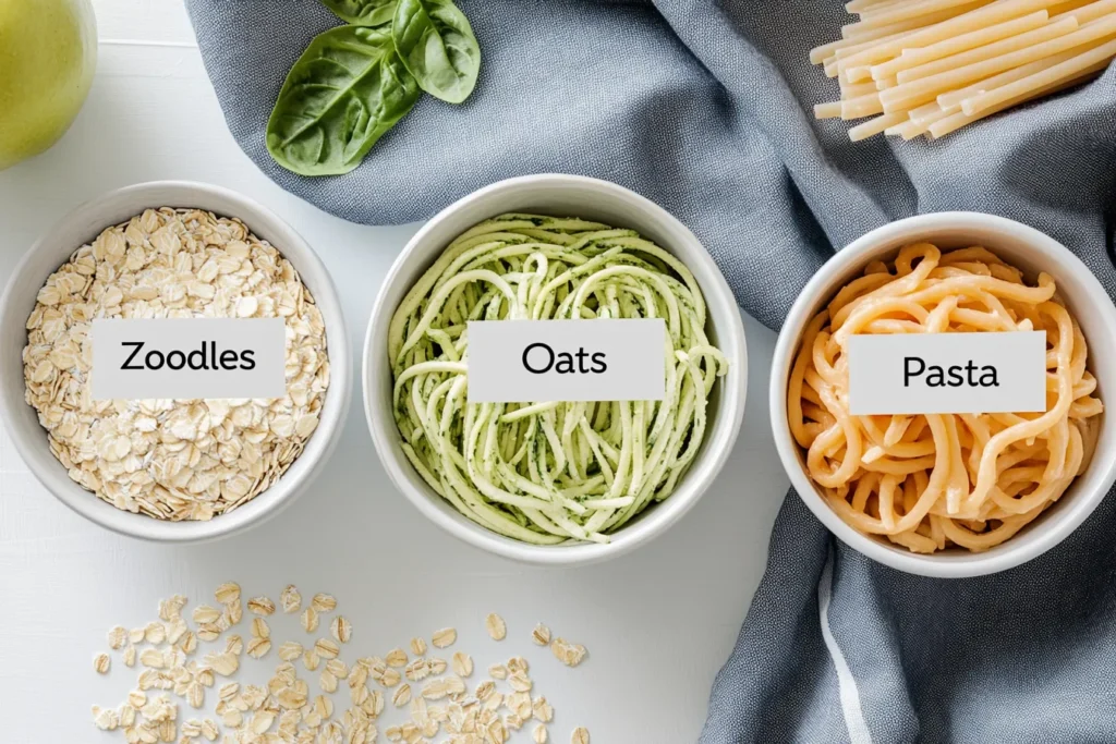 Visual chart comparing zoodles, oats, and pasta for calories and carbs